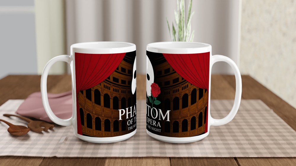 Phantom of the Opera Mug | Theatre Lover Gift | Musical Theatre Present | Mask and Rose Design — view 2