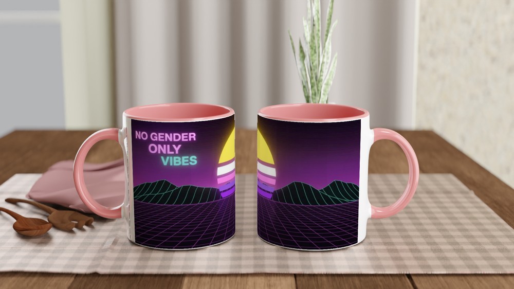 Non-Binary Mug | No Gender Only Vibes Pride Gift | Vaporwave Sunset Mug for Best Friend | Retro Aesthetic Pride Present — view 6