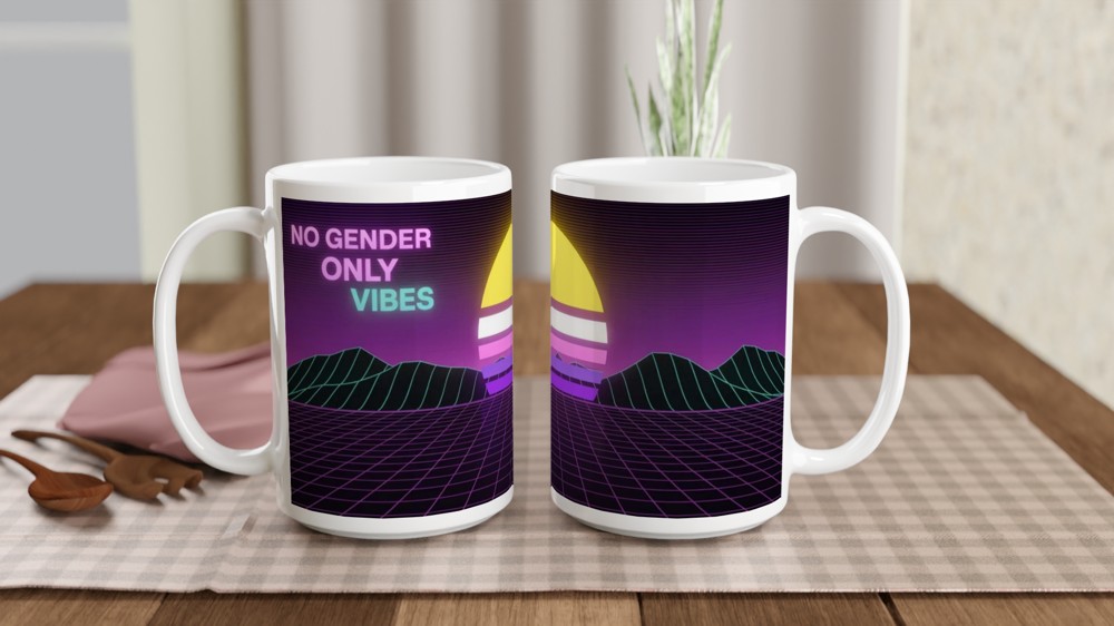 Non-Binary Mug | No Gender Only Vibes Pride Gift | Vaporwave Sunset Mug for Best Friend | Retro Aesthetic Pride Present — view 2