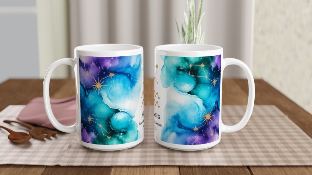 Aquarius Zodiac Mug | Astrology Star Sign Gift | Celestial Watercolor Birthday Present | Innovative Independent Visionary Mug — view 2