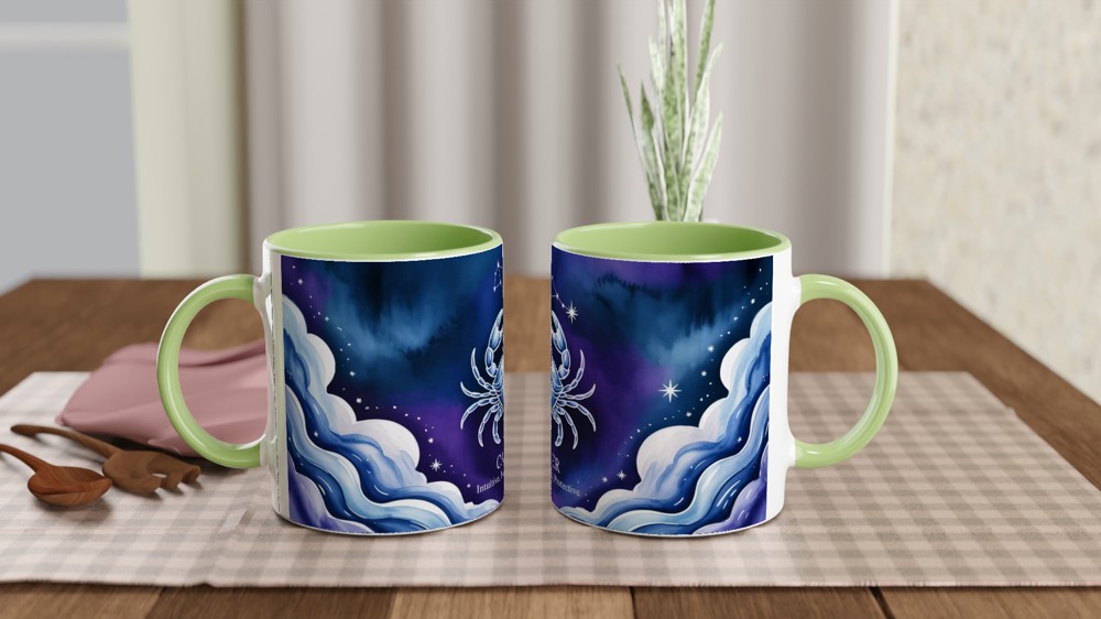 Cancer Zodiac Mug | Astrology Gift for Her or Him | Star Sign Birthday Present | Celestial Crab Watercolor Mug — view 5