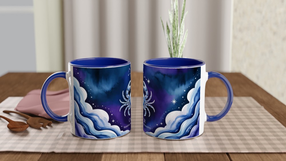 Cancer Zodiac Mug | Astrology Gift for Her or Him | Star Sign Birthday Present | Celestial Crab Watercolor Mug — view 4