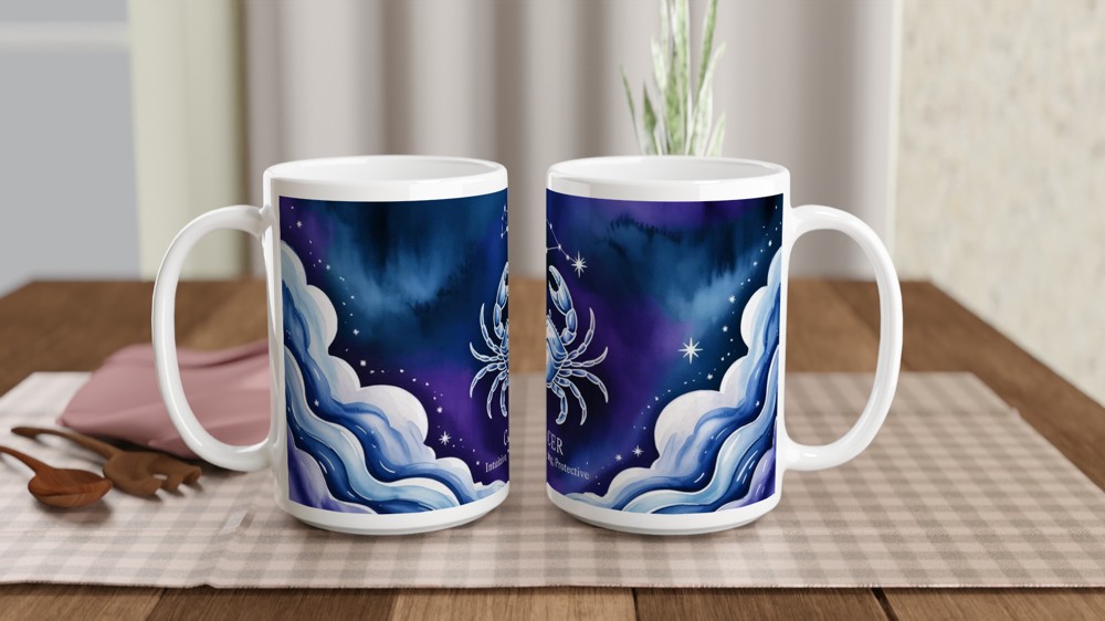 Cancer Zodiac Mug | Astrology Gift for Her or Him | Star Sign Birthday Present | Celestial Crab Watercolor Mug — view 2