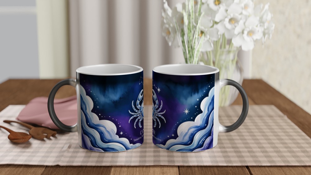 Cancer Zodiac Mug | Astrology Gift for Her or Him | Star Sign Birthday Present | Celestial Crab Watercolor Mug — view 3