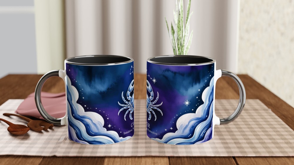 Cancer Zodiac Mug | Astrology Gift for Her or Him | Star Sign Birthday Present | Celestial Crab Watercolor Mug — view 9