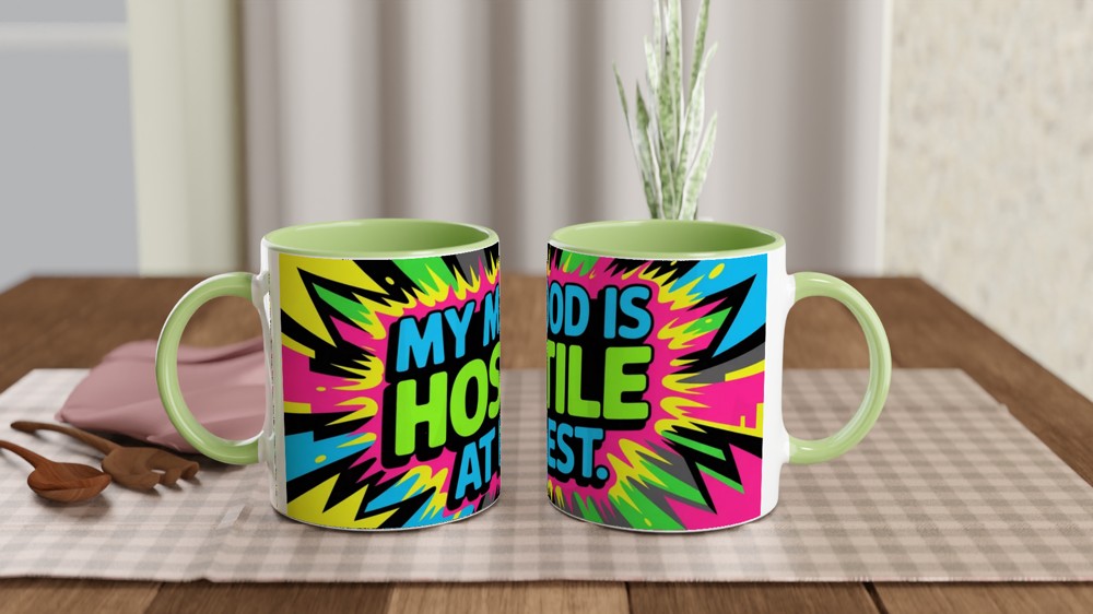 Sarcastic Quote Mug | My Mood Is Hostile At Best Graffiti Design | Funny Birthday Gift for Friends | Neon Sassy Mug — view 5