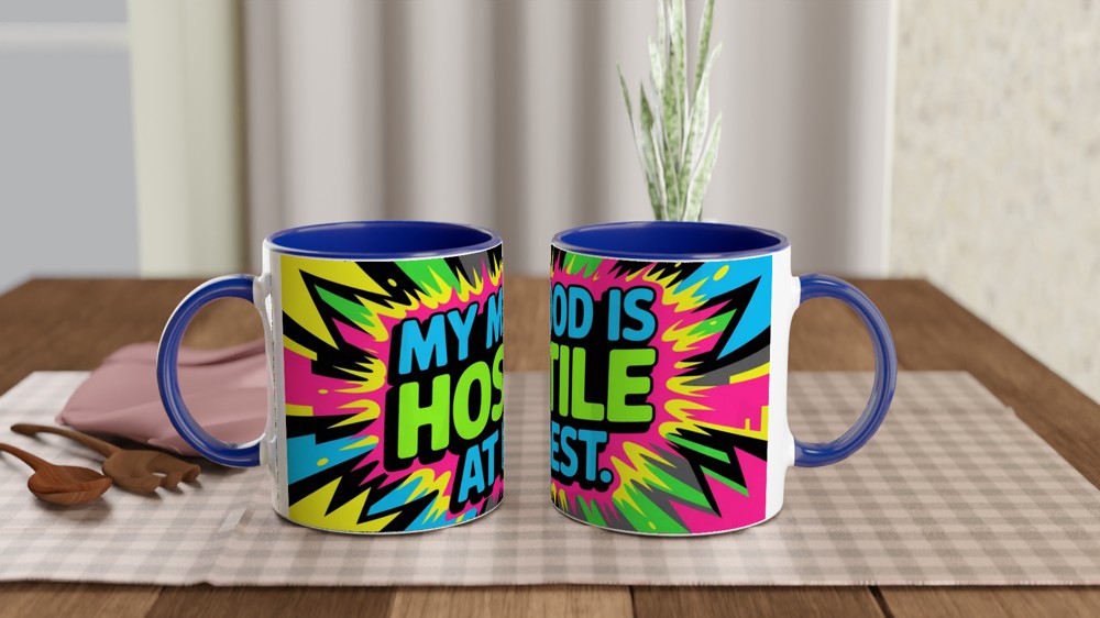 Sarcastic Quote Mug | My Mood Is Hostile At Best Graffiti Design | Funny Birthday Gift for Friends | Neon Sassy Mug — view 4