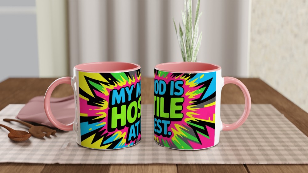 Sarcastic Quote Mug | My Mood Is Hostile At Best Graffiti Design | Funny Birthday Gift for Friends | Neon Sassy Mug — view 6
