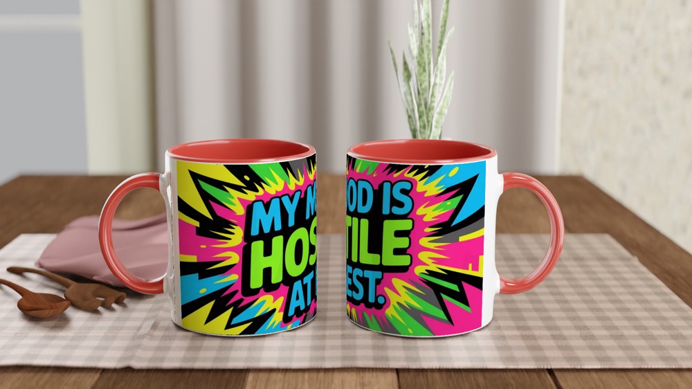 Sarcastic Quote Mug | My Mood Is Hostile At Best Graffiti Design | Funny Birthday Gift for Friends | Neon Sassy Mug — view 7