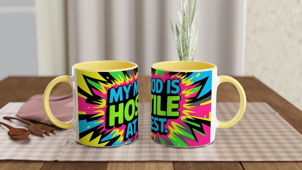 Sarcastic Quote Mug | My Mood Is Hostile At Best Graffiti Design | Funny Birthday Gift for Friends | Neon Sassy Mug — view 8