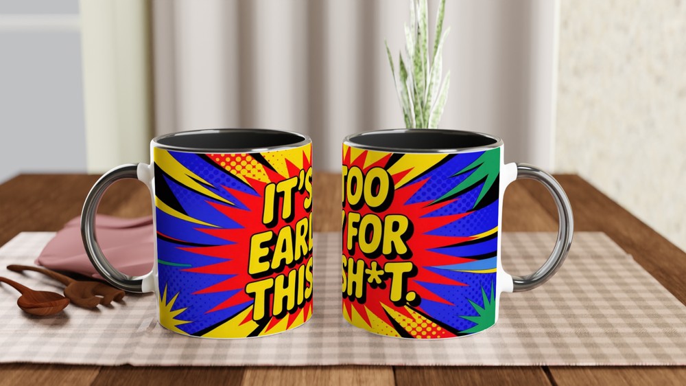 Funny Rude Coffee Mug | It's Too Early For This Sh*t | Neon Pop Art Gift | Office Colleague Present — view 9