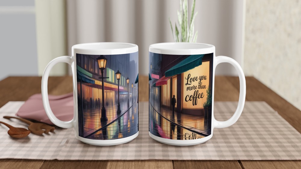 Love You More Than Coffee Romantic Rainy Street Mug — view 2