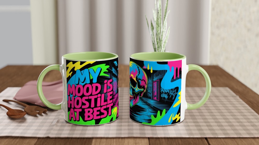 My Mood Is Hostile At Best - Neon Skull Graffiti Mug — view 5