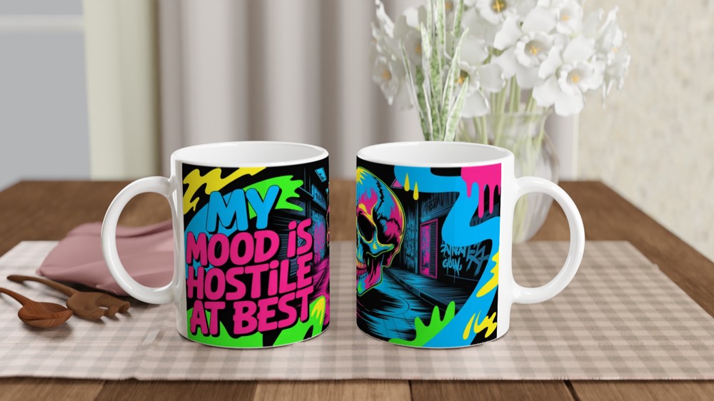 My Mood Is Hostile At Best - Neon Skull Graffiti Mug
