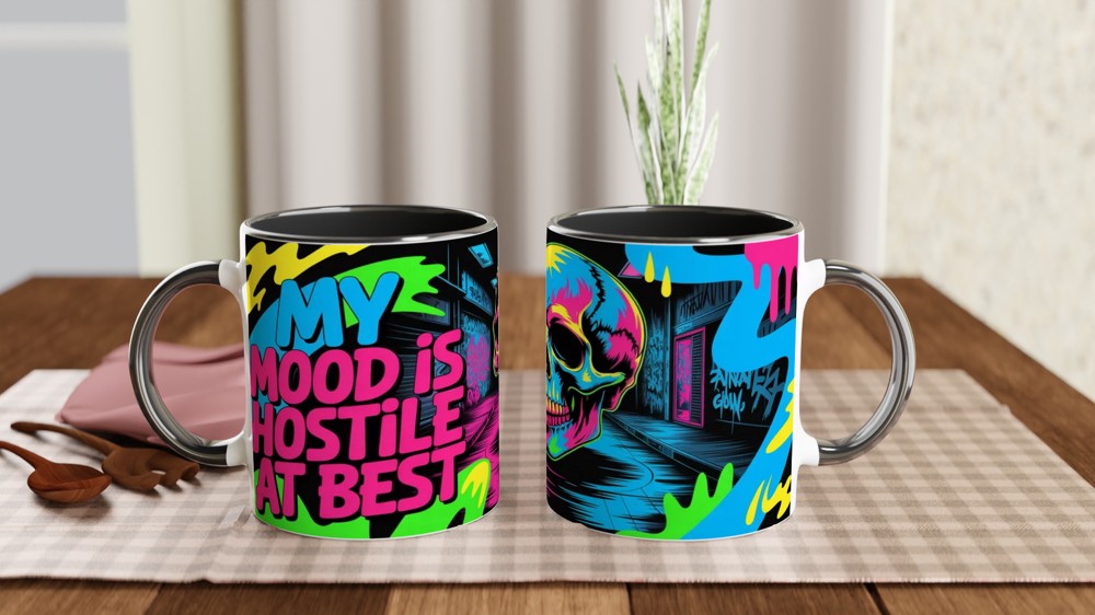 My Mood Is Hostile At Best - Neon Skull Graffiti Mug — view 9