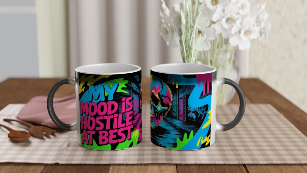My Mood Is Hostile At Best - Neon Skull Graffiti Mug — view 3