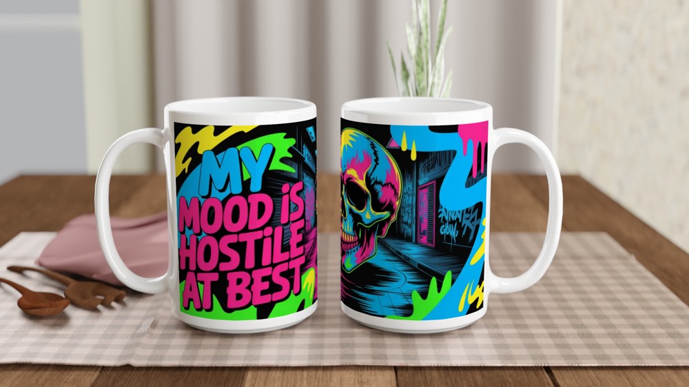 My Mood Is Hostile At Best - Neon Skull Graffiti Mug — view 2