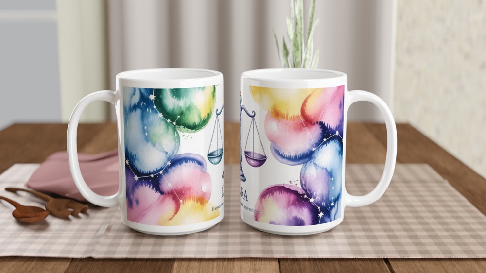 Libra Mug | Zodiac Star Sign Gift | Watercolour Astrology Scales Mug | Birthday Present for Her and Him — view 2