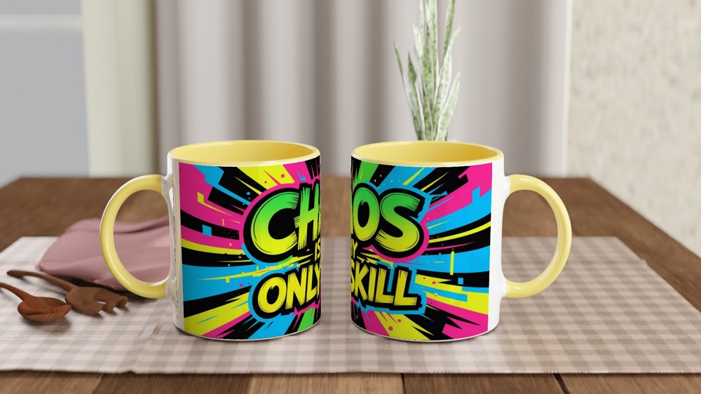 Chaos Is My Only Skill Mug | Funny Sarcastic Quote Gift | Neon Graffiti Coffee Mug | Present for Best Friend or Colleague — view 8