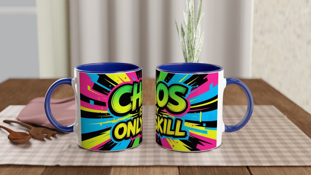 Chaos Is My Only Skill Mug | Funny Sarcastic Quote Gift | Neon Graffiti Coffee Mug | Present for Best Friend or Colleague — view 4