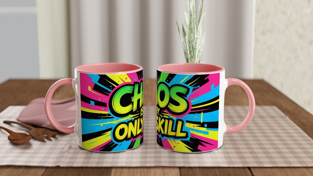 Chaos Is My Only Skill Mug | Funny Sarcastic Quote Gift | Neon Graffiti Coffee Mug | Present for Best Friend or Colleague — view 6