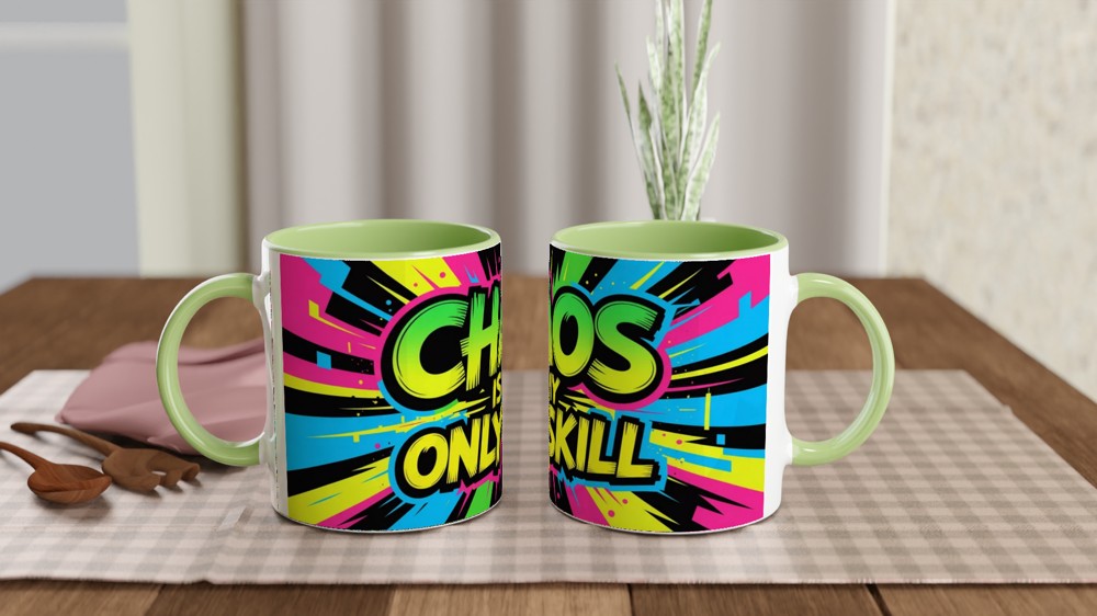 Chaos Is My Only Skill Mug | Funny Sarcastic Quote Gift | Neon Graffiti Coffee Mug | Present for Best Friend or Colleague — view 5