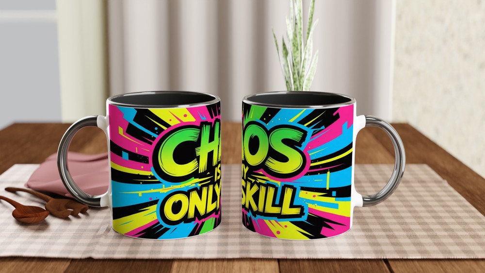 Chaos Is My Only Skill Mug | Funny Sarcastic Quote Gift | Neon Graffiti Coffee Mug | Present for Best Friend or Colleague — view 9