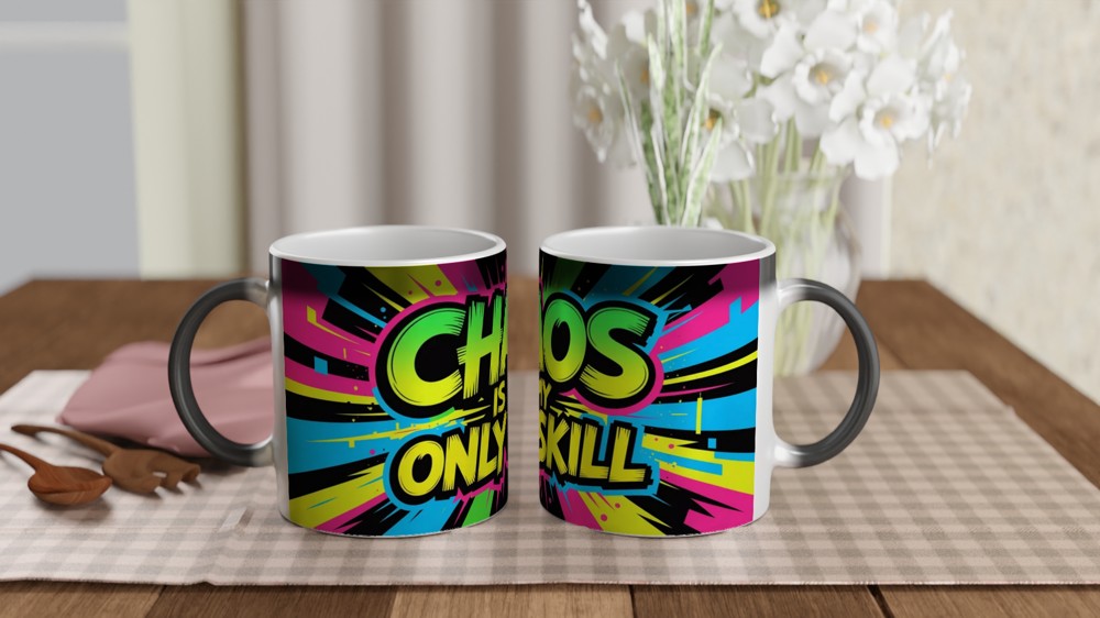 Chaos Is My Only Skill Mug | Funny Sarcastic Quote Gift | Neon Graffiti Coffee Mug | Present for Best Friend or Colleague — view 3
