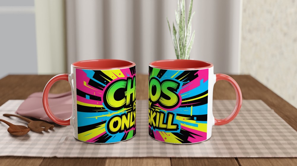 Chaos Is My Only Skill Mug | Funny Sarcastic Quote Gift | Neon Graffiti Coffee Mug | Present for Best Friend or Colleague — view 7
