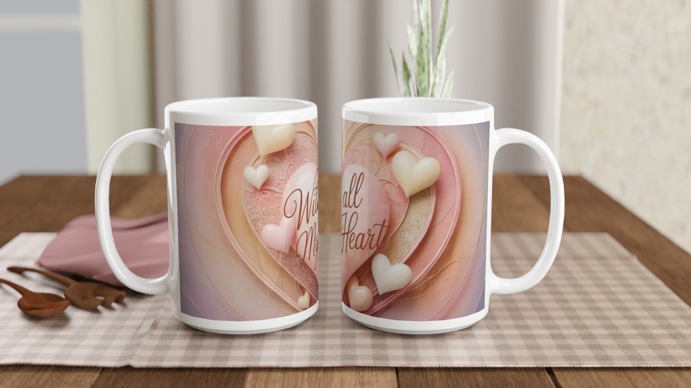 With All My Heart Mug | Romantic Valentine's Gift | Anniversary Present for Husband or Wife | Textured Heart Wrap Design — view 2