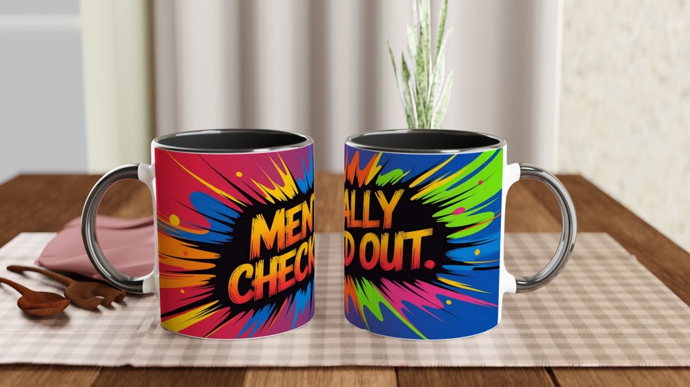 Mentally Checked Out Mug | Funny Office Gift for Colleagues | Neon Ink Explosion Wrap Around Coffee Cup — view 9