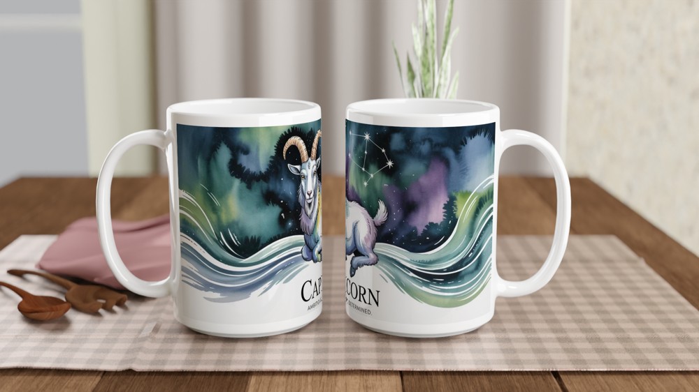 Capricorn Zodiac Mug | Sea Goat Astrology Gift | Capricorn Birthday Present | Constellation Watercolour Mug — view 2