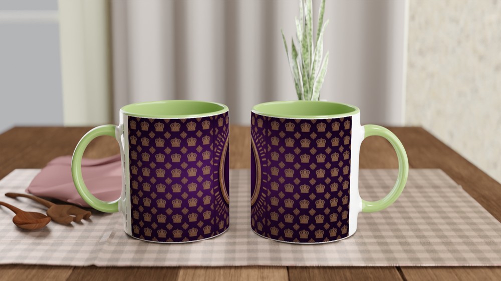 Royal Purple and Gold Crown Pattern with Ornate Oval Frame Mug — view 5