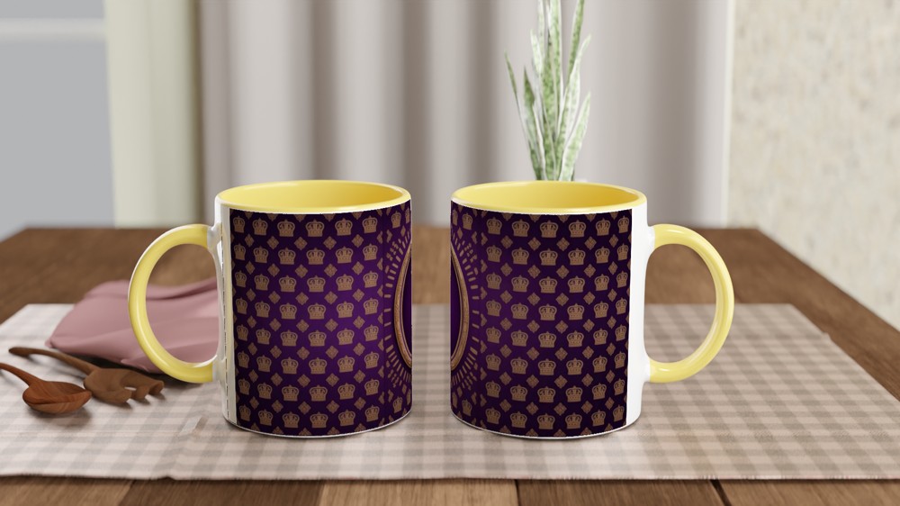 Royal Purple and Gold Crown Pattern with Ornate Oval Frame Mug — view 8