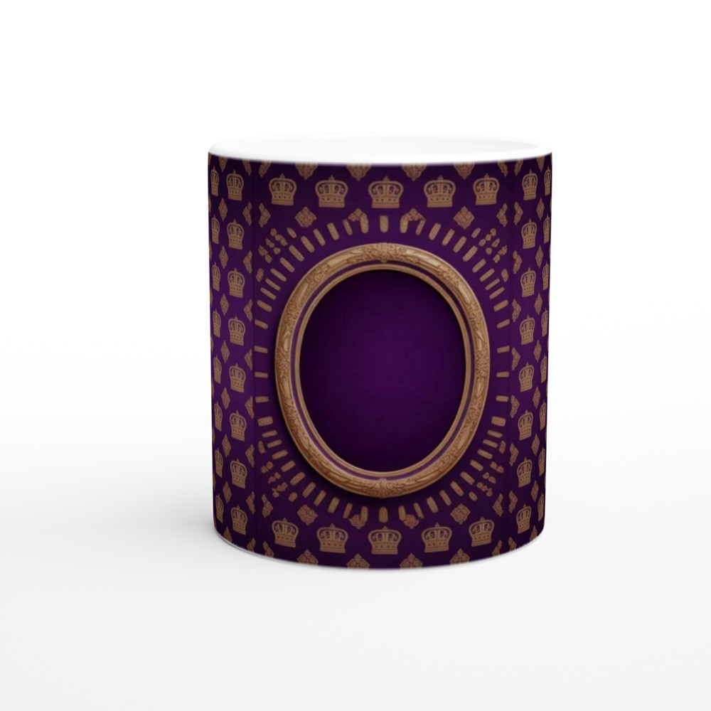 Royal Purple and Gold Crown Pattern with Ornate Oval Frame Mug — view 11