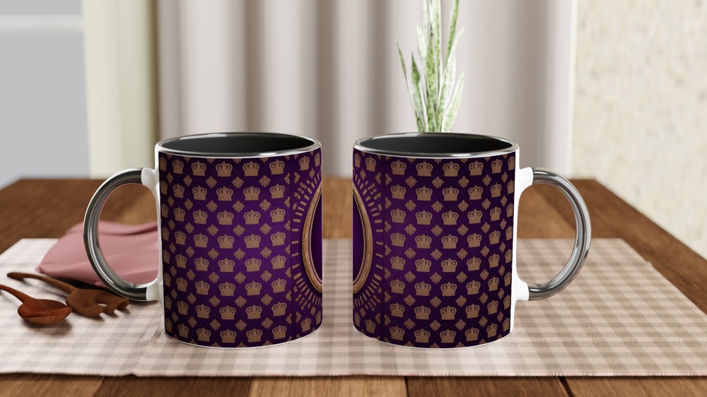 Royal Purple and Gold Crown Pattern with Ornate Oval Frame Mug — view 9