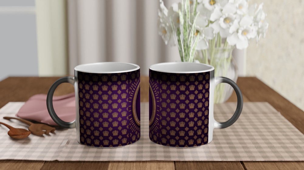 Royal Purple and Gold Crown Pattern with Ornate Oval Frame Mug — view 3