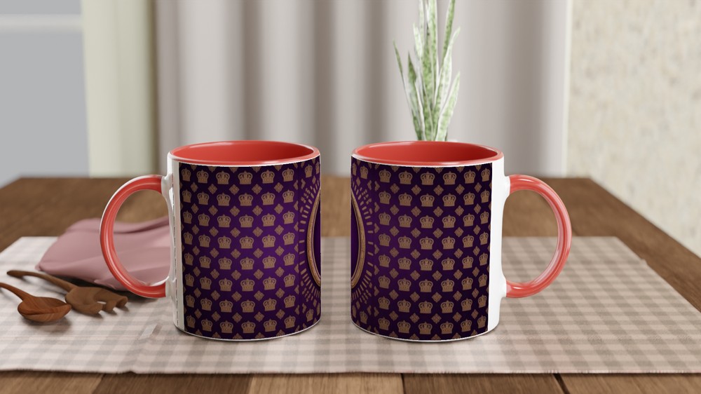 Royal Purple and Gold Crown Pattern with Ornate Oval Frame Mug — view 7