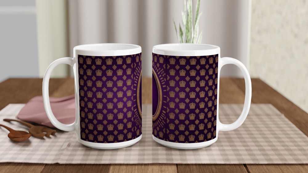 Royal Purple and Gold Crown Pattern with Ornate Oval Frame Mug — view 2