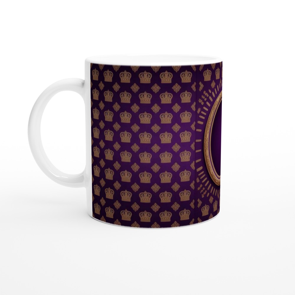 Royal Purple and Gold Crown Pattern with Ornate Oval Frame Mug — view 10