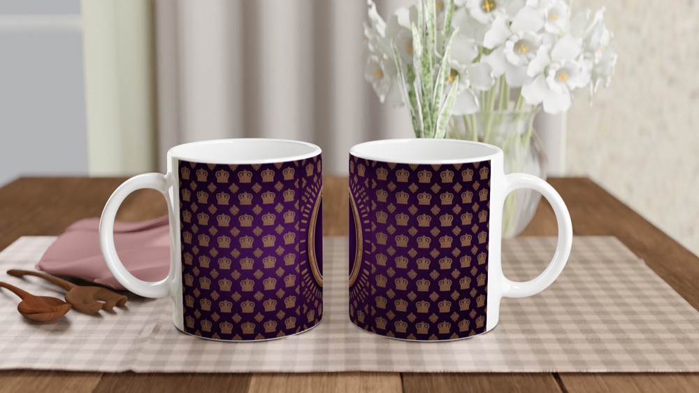 Royal Purple and Gold Crown Pattern with Ornate Oval Frame Mug