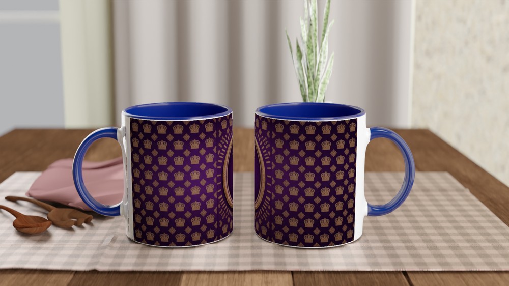Royal Purple and Gold Crown Pattern with Ornate Oval Frame Mug — view 4