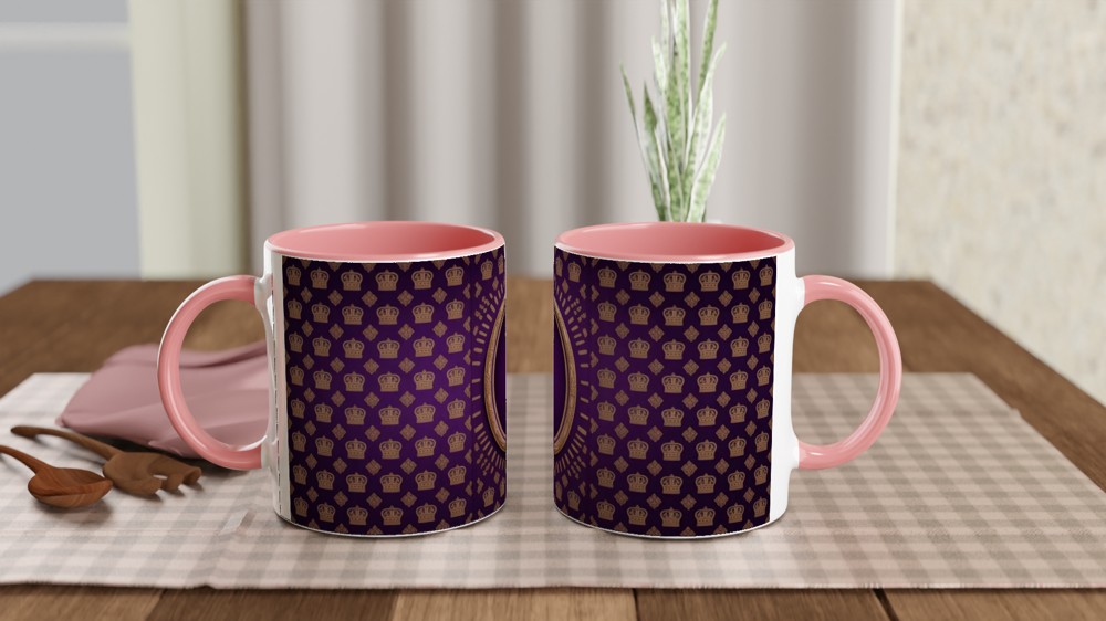 Royal Purple and Gold Crown Pattern with Ornate Oval Frame Mug — view 6