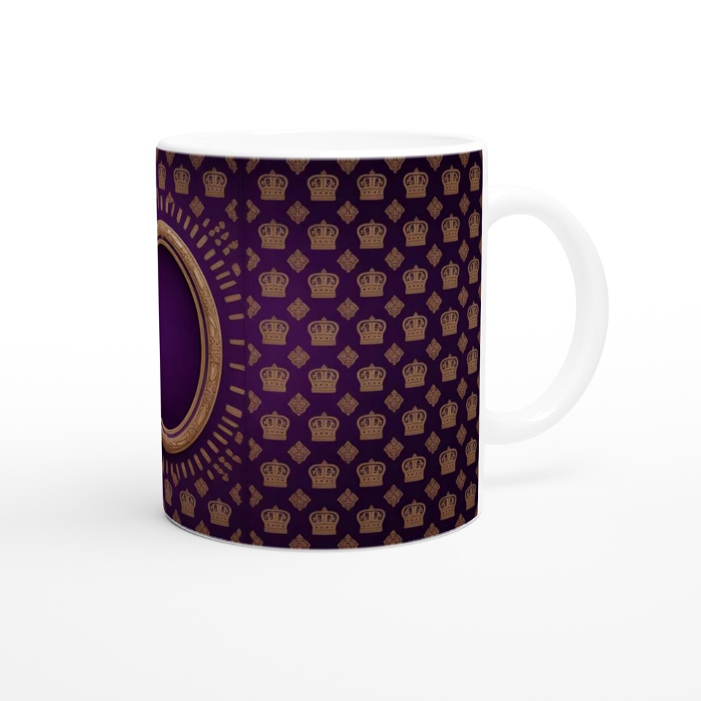 Royal Purple and Gold Crown Pattern with Ornate Oval Frame Mug — view 12