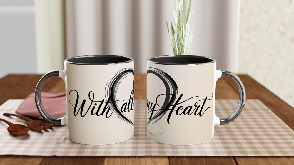 With All My Heart Mug | Calligraphy Heart Design | Romantic Anniversary Gift | Valentine Present for Mum Husband Wife — view 9