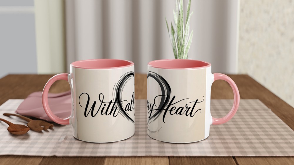 With All My Heart Mug | Calligraphy Heart Design | Romantic Anniversary Gift | Valentine Present for Mum Husband Wife — view 6