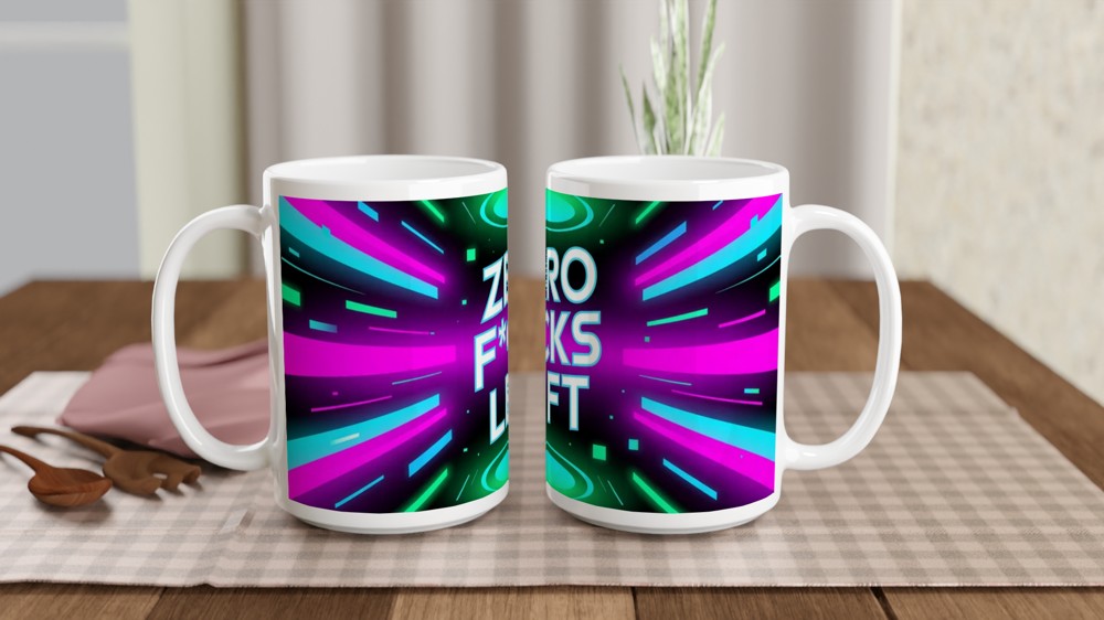 Zero Fucks Left Mug | Cyberpunk Neon Glitch Gift | Funny Rude Coffee Cup — view 2