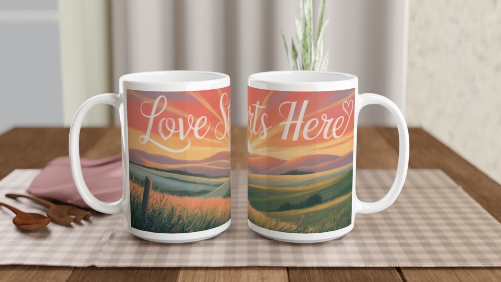 Love Starts Here Mug | Positivity Gift for Her | Sunrise Anniversary Present | Cute Valentines Mug for Couples — view 2