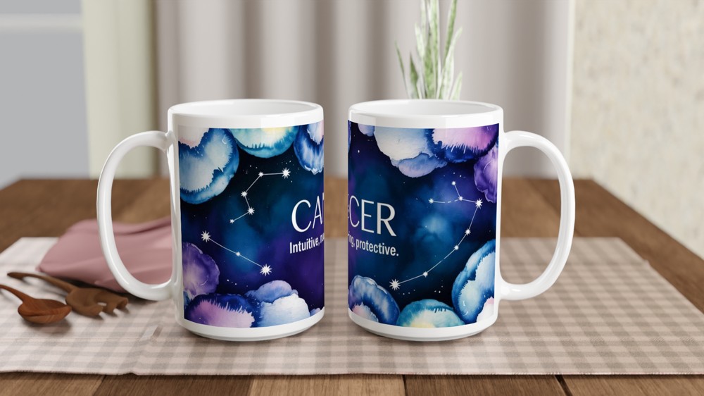 Cancer Zodiac Mug | Constellation Watercolour Astrology Gift | Birthday Present for Best Friend | Nurturing Intuitive Star Sign Cup — view 2
