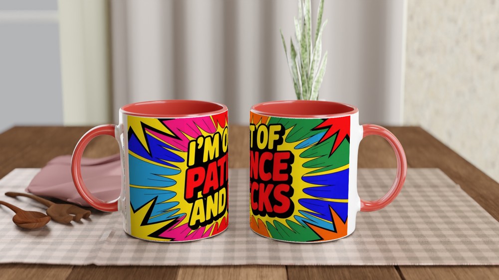 Funny Sarcastic Mug | Out Of Patience Neon Pop Art Coffee Cup | Gift for Best Friend or Colleague — view 7